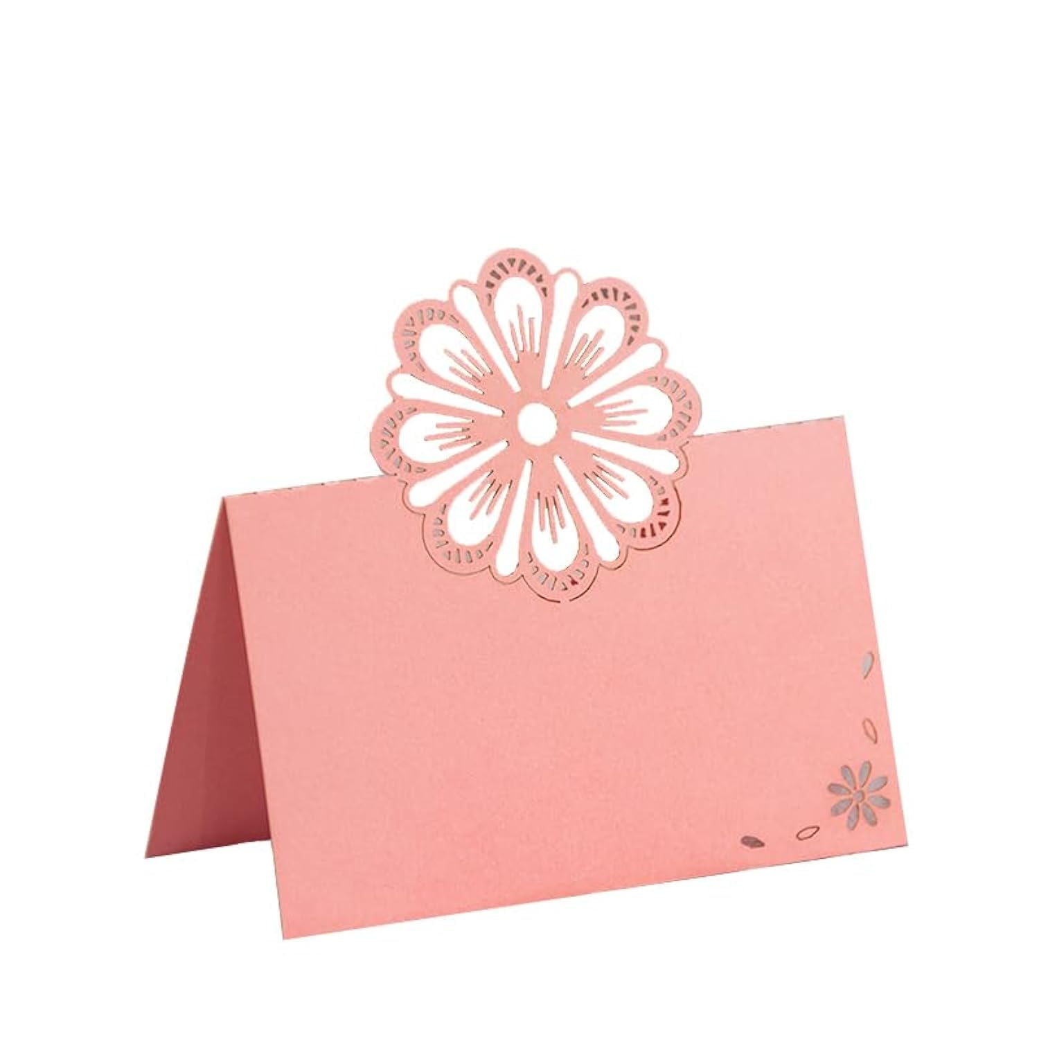 KOSTOO Table Card for Wedding Bride Shower Dinner, Reception, Banquet, Buffet Food, Seating Place Cards for Tables, Scored for Easy Folding, Hollow Flower Design, 50 Pack (Pink)