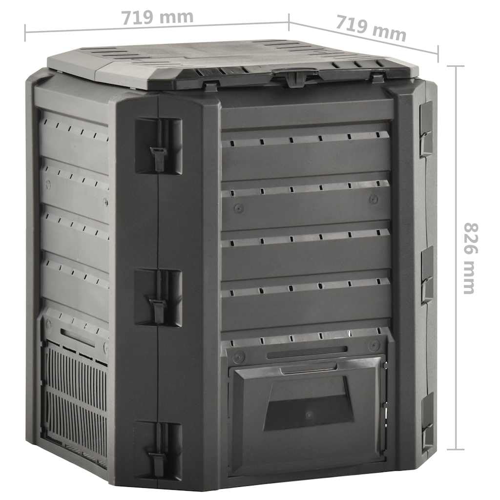 Composter da giardino nero 380 L con coperchio e aletta