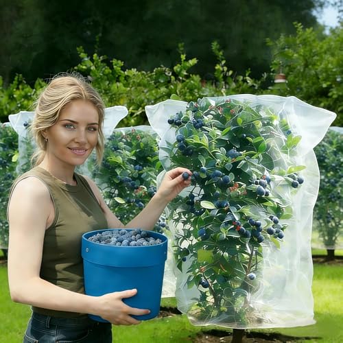 Fruit Tree Netting with Drawstring (4 Pack 4x5 FT)- Easy Install Plant Protection Cover Reusable Garden Mesh Bag for Blueberry Bushes/Tomato - Block Birds/Insect/Squirrels