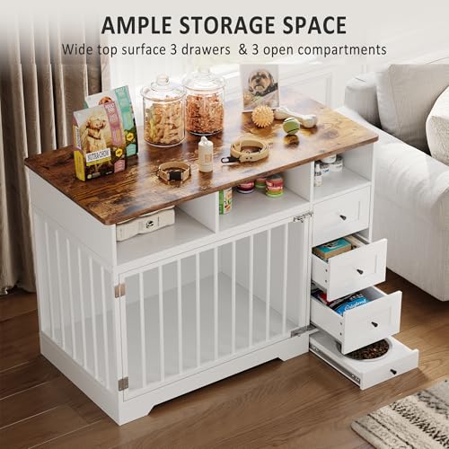 48'' Dog Crate Furniture, Farmhouse Dog Kennel Furniture with Dog Bowl & Storage Drawers, Heavy Duty Dog Cage End Table for Medium Small Dogs, White