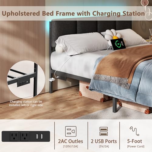 Image of Furnulem Queen Bed Frame with Adjustable Headboard, Upholstered Bed with 2 Storage Drawers, Built-in USB Charging Station & LED Lights, Platform Bedframe with Metal Slats, No Spring Box Needed, Grey