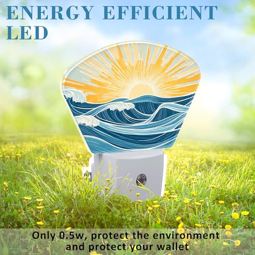 Image of Sunrise Over The Sea Night Light Waves and Sun Nightlight Plug into Wall with Dusk to Dawn Sensor for Kid Girls Boys Women Men Room, Hallway, Kitchen, Bathroom, Stairs Decor