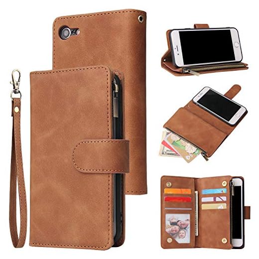 UEEBAI Wallet Case for iPhone SE 2020 iPhone 7 iPhone 8, Premium Vintage PU Leather Magnetic Closure Handbag Zipper Pocket Kickstand Card Holder Slots with Wrist Strap Shockproof Flip Case - Brown