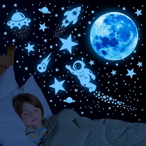 Leuchtsterne Kinderzimmer Sterne leuchtend Selbstklebend Wandsticker Wandaufkleber Kinderzimmer Junge Mädchen Kinder Mond Astronaut Leucht Aufkleber Schlafzimmer Wohnzimmer Wandtattoo
