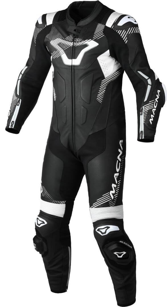 Macna Men's Black/White Armadyl Perforated One Piece Motorcycle Leather Suit