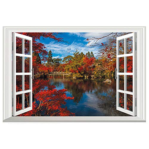 DNVEN Faux Window Decals Autumn Feel Red Leaves Peaceful Lake False Window Clings Murals 3D Full Color Vinyl Bedroom Living Room Playroom Wall 24 inches x 16 inches