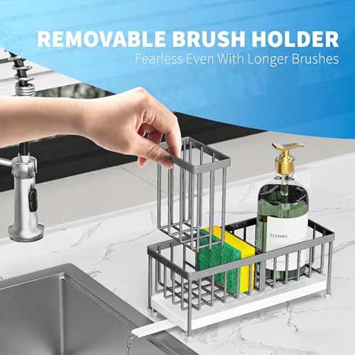 Image of Cisily Sponge Holder for Kitchen Sink, Sink Caddy Organizer with High Brush Holder, Kitchen Countertop Organizers and Storage Essentials, Rustproof 304 Stainless Steel (Gray, 9.25″)