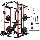 Mikolo K6 Power Cage, Power Rack with Cable Crossover System, Home Gym Packages with Weight Bench, Olympic Barbell, 230b Rubber Weight Set-Red