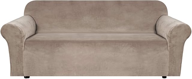 BellaHills Velvet Sofa Slipcover Stretch Large Couch Covers Soft Sofa Cover Furniture Protector with Non Slip Straps, Slipcover for Sofa, Couch Covers for Dogs, Couch Slipcover (3 Seater, Taupe)
