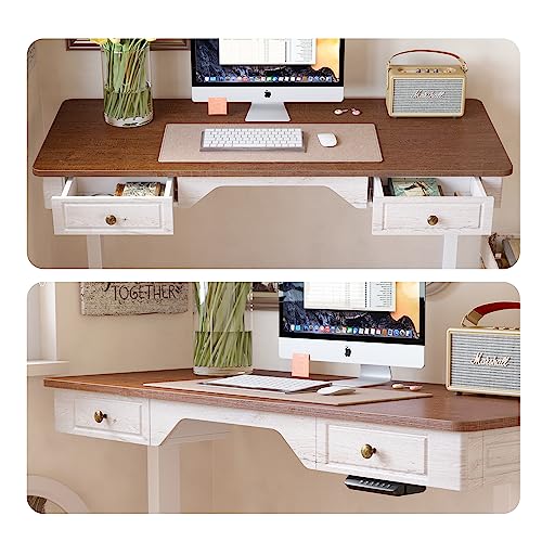 Image of FEZIBO Whole Piece Farmhouse Style Standing Adjustable Desk with 2 Drawers, 48 x 24 Inches Sit Stand Electric Home Office Desk, Sandalwood Washed White (2 Packages)