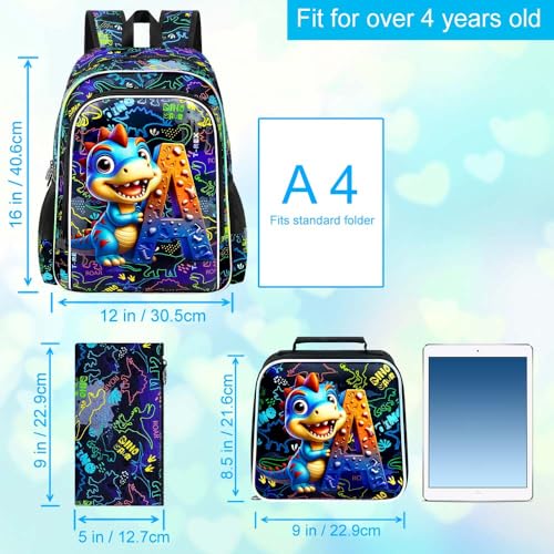Image of 16 inch Dinosaur Backpack, 3Pcs Boys Bookbag with Lunch Box, Kids School Backpacks Set for Elementary Preschool Kindergarten (Balck)