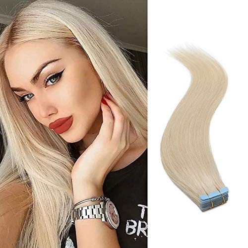 SEGO Tape In Hair Extensions Human Hair Glue In Real Extensions Skin Weft Remy Human Hair Extensions Straight Invisible Seamless Double Side Tape 20 Pieces Platinum Blonde 20inch (60gram)