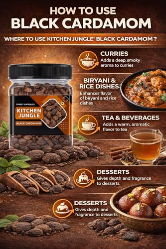 Image of Kitchen Jungle Premium Black Cardamom (Kali Elaichi) 100g | Bold Whole Badi Elaichi Pods | Strong Smoky Aromatic Spice for Biryani, Garam Masala, Curries & Indian Cooking