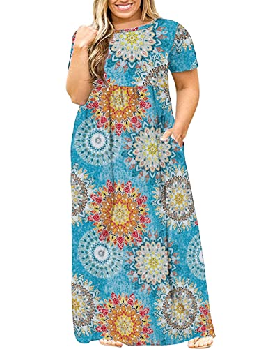 Image of Kancystore Women's Plus Size Maxi Dress with Pockets Summer Dresses XL-5X | Plus Size High Waisted Long Length Beach Dress, Empire Waist Round Neck Casual Dress, Solid Striped Floral Tie Dye Colors