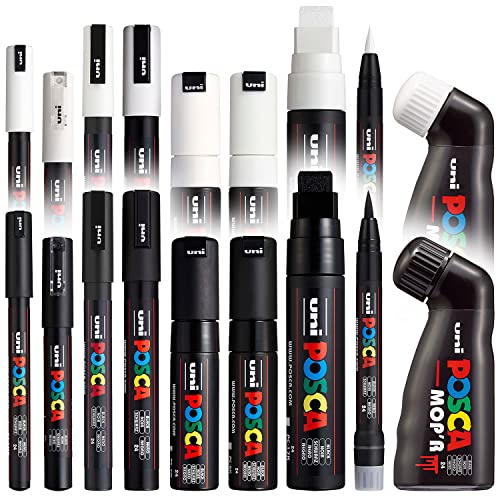 POSCA - Juego completo de 18 bolígrafos - MOP'R, PCF-350, PC-17K, PC-8K, PC-7M, PC-5M, PC-3M, PC-1M, PC-1MR - Juego blanco y negro