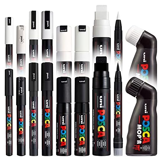 POSCA - Juego completo de 18 bolígrafos - MOP'R, PCF-350, PC-17K, PC-8K, PC-7M, PC-5M, PC-3M, PC-1M, PC-1MR - Juego blanco y negro