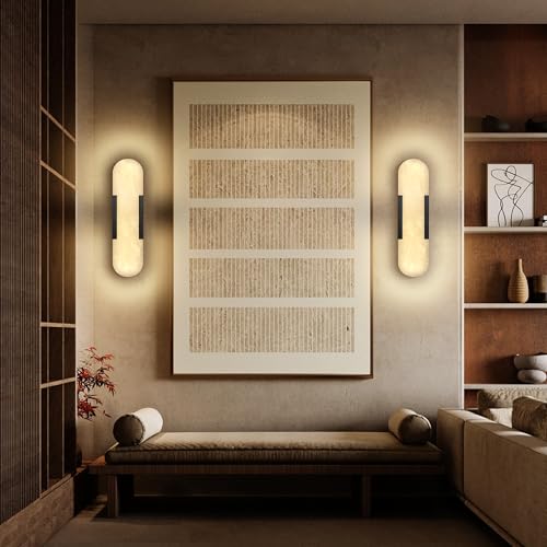 Image of Alabaster Wall Sconces Set of 2,19.7'' Brass Wall Sconce Natural Marble Wall Sconce for Bathroom, Indoor Modern Wall Light Fixtures for Living Room Hallway Stairs Vanity Bedside, Black