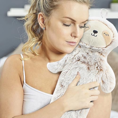 2L Long Hot Water Bottle with Plush Cover - Leakproof Large Hand & Feet Warmer for Kids - Cute Cuddly Animal Heating Pad for Children with Removable Washable Cover - 90cm, Sloth