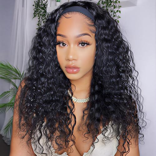 Image of Headband Wig Human Hair 22Inch Deep Wave Human Hair Headband Wigs Glueless None Lace Front Wig Curly Headband Wig Human Hair Brazilian Virgin Wigs for Black Women 150% Density