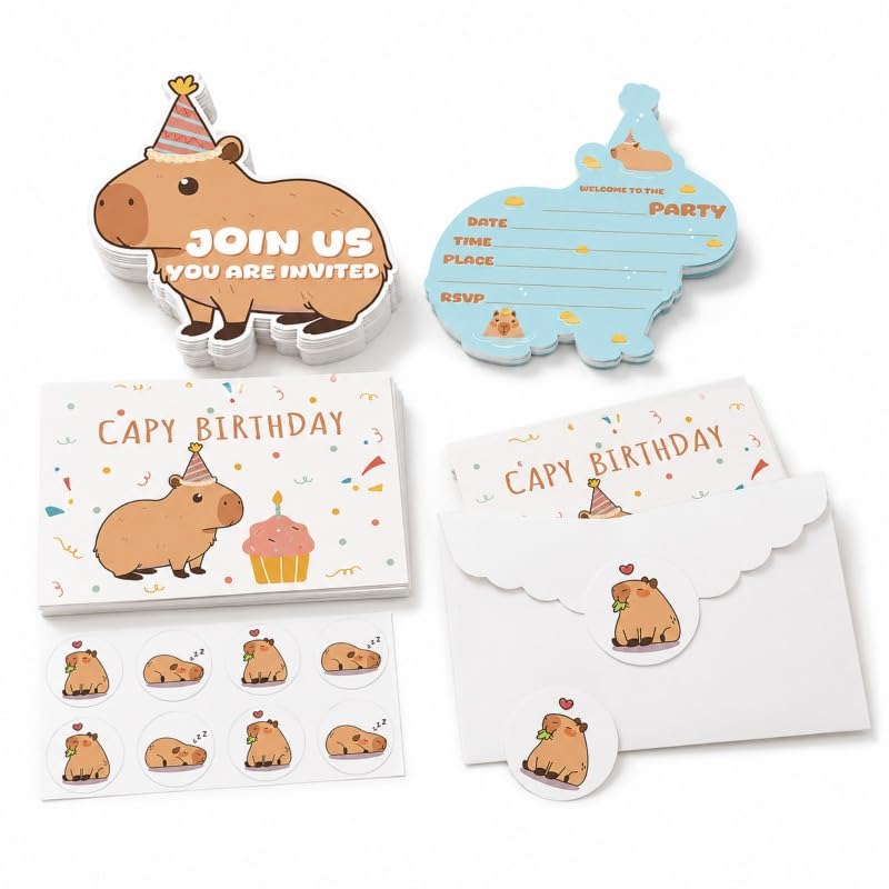 12 Set Capybara Party Invitations - Birthday Cards, Envelopes & Stickers
