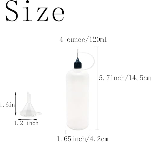 Miniatura 4 de 5 botellas de punta de aguja, botellas aplicadoras de punta de precisión de 4 onzas, con 2 mini embudo para manualidades de papel de quilling, tapa