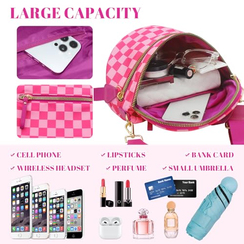 WOOMADA Checkered Crossbody Bag Bum Bag for Women, Spacious Nylon Fanny with Adjustable Strap, Stylish Belt Bag Purse(Hot Pink Checkerboard)3