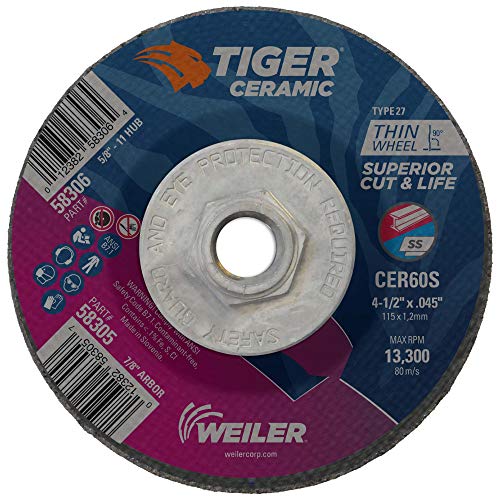 Image of Weiler 58306 4-1 /2 Inch Cutting Wheel, Tiger Ceramic Stainless Steel Superior Life & Cut Contaminant Free Max Performance Cutting, .045 inch CER60S Type 27 5 /8 inch-11 Hub, Pack of 10