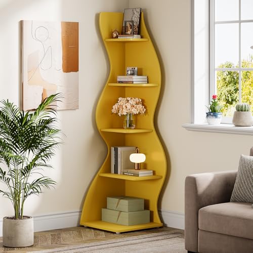 Tribesigns Wavy Corner Shelf, Modern 5-Tier Bookshelf Bookcase with Curvy