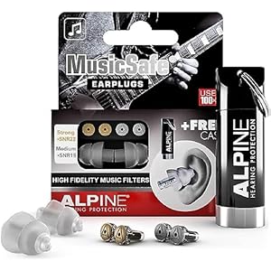 Alpine MusicSafe Bouchons d’oreilles : protection auditives pour musiciens – Haute fidélité du son – 2 jeux de filtres Interchangeables – Hypoallergénique et Réutilisables – Embouts transparents