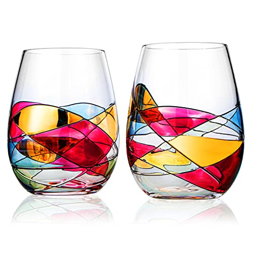 wine glasses painted - Artisanal Hand Painted Stemless - Rennesance Romantic Stain-glassed Windows Wine Glasses, By The Wine Savant - Set of 2 - Gift Idea for Birthday, Housewarming - Extra Large Goblets (Stemless)