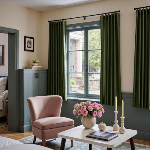 Image of Moss Earthy Curtains Luxury Rod Pocket 52x72 Inch 2 Panels | Soft Velvet, Light Filtering, For Small Windows, Kitchens & Bathrooms, Light Shifting Texture, Elegant Drape, Calm