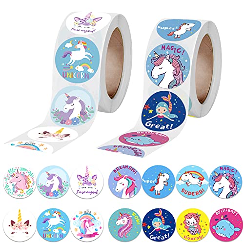 1000 Pieces Unicorn Stickers for Kids,Cute Unicorn Stickers Roll DIY Stickers 1 inch Self Adhesive DIY School Craft Sticker,Unicorn Stickers for Birthday Party Crafts Gift Decorations Stickers 2 Roll 14 Designs