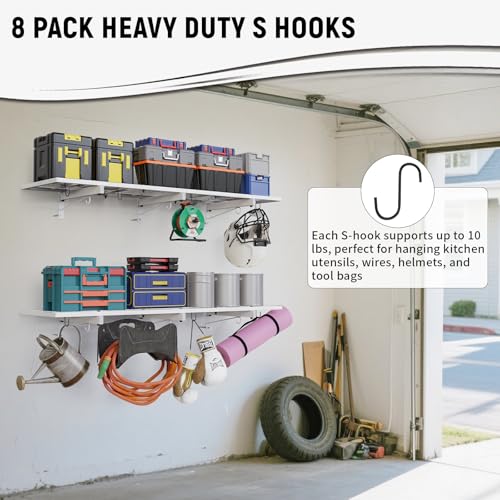 Image of 2 Pack Garage Wall Shelving, 46 inch x 12.5 inch Heavy Duty Storage Racks, Garage Shelves Wall Mounted with 8 Hooks, 320 LBS Capacity Floating Metal Shelf Organizer for Laundry Room, Basement, Workshop