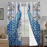 OSUNBD Peacock Print Curtains 42x63 Inch 2 Panels - Elegant Oil Painting Style Blue Peacock Drapes, Polyester Fabric for Bedroom & Living Room, Modern Luxury Home Decor