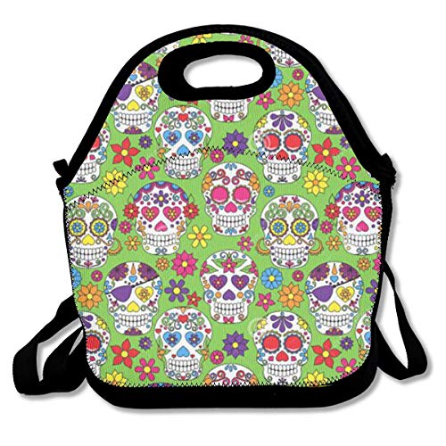 LPoxsmovw SWDGYW36 Green Colorful Sugar Skull Lunch Bag Lunch Tote Lunch Pouch Handbag Made for Women Men and Kids Handbag for School Office