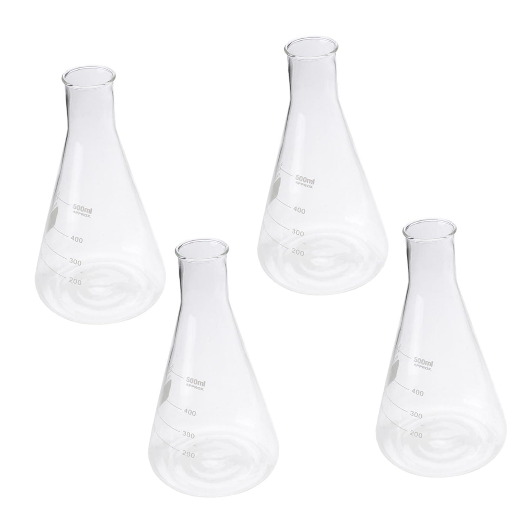 Cabilock Kit de 4 Matraces Erlenmeyer de Vidrio Borosilicato Cónicos, Alta Pureza, Uso Seguro al Calentar, sin Rebabas para Laboratorio y Escuela