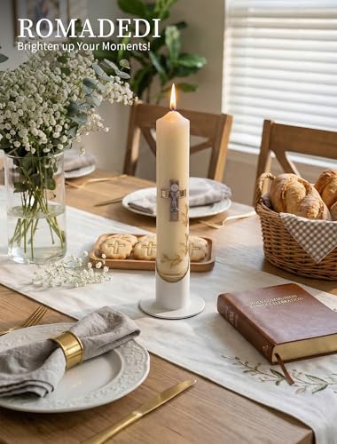Romadedi Kerzenständer Kommunionkerze 4cm mit Tropfschutz: Ständer für Taufkerze Kommunion Kerze - Kerzenhalter Weiß aus Metall für Taufe, Erstkommunion, Firmung & Konfirmation