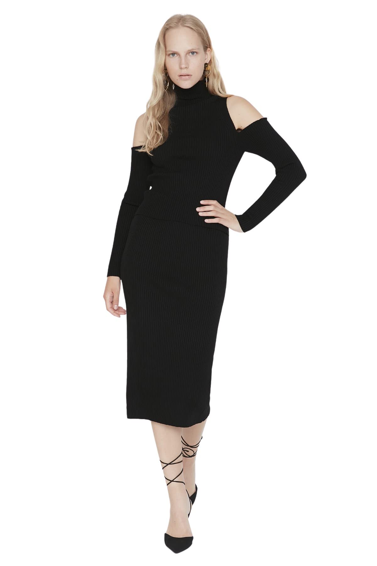 TRENDYOL Damen Trendyol Damen Strickwaren, Einfarbig, Zweiteilig Aufeinander abgestimmtes Outfit, Schwarz, 36 EU