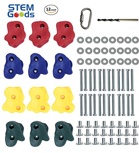 STEM Goods 12 Premium Large Textured Kids Rock Wall Climbing Holds 2” Mounting Hardware + Carabiner Clip + Drill Bit + Installation Guide w/Video!