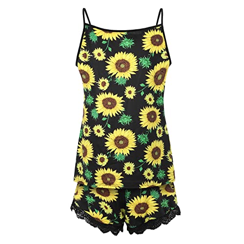 Women Casual Sleepwear Summer Sleeveless Sling Lace Patchwork Print Tank Top Shorts Pajama Set Shorts And Top Black #TOP3