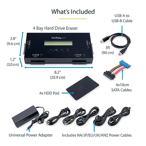 Image of StarTech.com 4 Bay SSD /HDD Hard Drive Eraser, 2.5 /3.5 inch SATA, Hostless Standalone Secure Erase, Disk Sanitizer, Hardware Wiper Erasing Tool, 9 Modes, RS232 Printer Port, NIST /DOD, LCD, TAA (SATERASER4)
