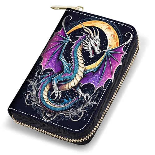 Credit Card Holder Wallets for Women, RFID Blocking Small Leather Card Case Wallet with Zipper Accordion Wallets, Purple Dragon