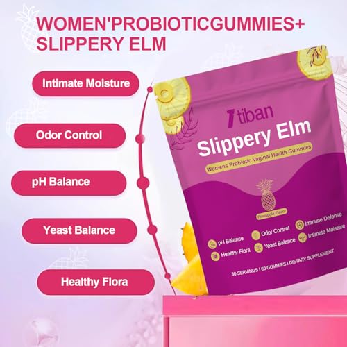 Image of Slippery Elm Feminine Probiotic Moisture Gummies, pH Balance, Vaginal Flora, Odor Health with Bacillus coagulans, Delicious Pineapple Flavor, 60 Count