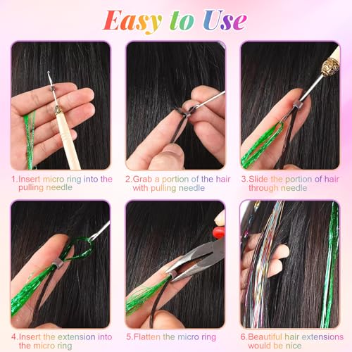 image for BEAHOT 16 Colors Hair Tinsel Kit With Fake Tattoos,48 Inches 3200 Stra