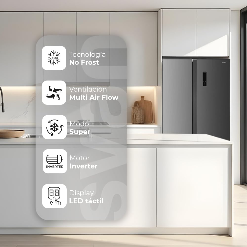 Svan Frigorífico Americano 2 Puertas Inox SA18901ENFX. Capacidad 442 Litros, No Frost, Multi AirFlow, Bajo Nivel Sonoro, Eficiencia Energética Clase E