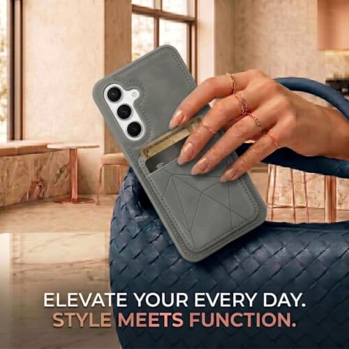 Image of amazon basics Premium Vegan Leather Back Cover with Card Holder and Integrated Mobile Stand for Samsung Galaxy S24FE 5G - Slim Shockproof Wallet Case with Geometric Stitching [Gray]