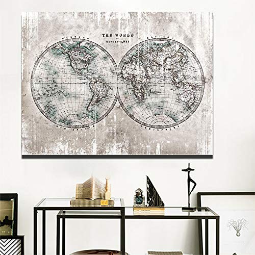 yhyxll Mapa do mundo moderno pintura em tela cinza claro mapa cartaz impresso digital imagem de arte de parede para viver decoração para a casa presente sem moldura A 60 x 40 cm