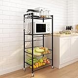 DAWNYIELD Rejilla para Horno de Microondas Ajustable de 4 Niveles con Cesta Grande de Malla Metálica y Ruedas Estante de Almacenamiento de Pie para Cocina con 4 Ganchos