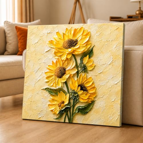 Image of PAINTINGMANTRA Textured Embossed Floral Canvas Wall Art Painting for wall decoration, Vibrant Yellow Sunflower Motifs Stretched Canvas Painting for living room, bedroom, office and Home, 22x22 Inch