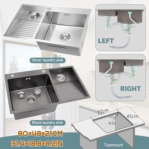Évier à linge en acier inoxydable 80cm argent avec robinet d'angle de précision - 8